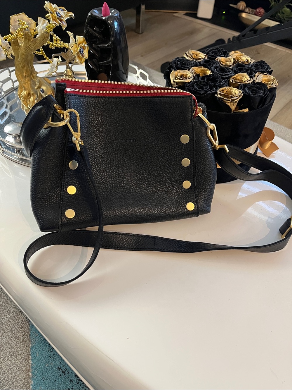 Hammitt Black Leather Crossbody with Gold Studs and Red Zip